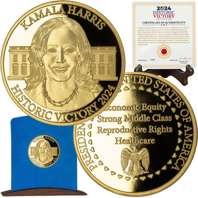 Kamala Harris 2024 Commemorative Coin – Gold-Layered Collectible with Display Case and Certificate