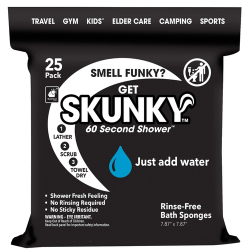 Skunky Disposable Rinse-Free Bathing Sponge Wipes – AS SEEN ON TV, Cleans Without a Shower, Just Add Water, Lather, Scrub & Dry, No Sticky Residue, Perfect for Gym, Elder Care, Kids & More