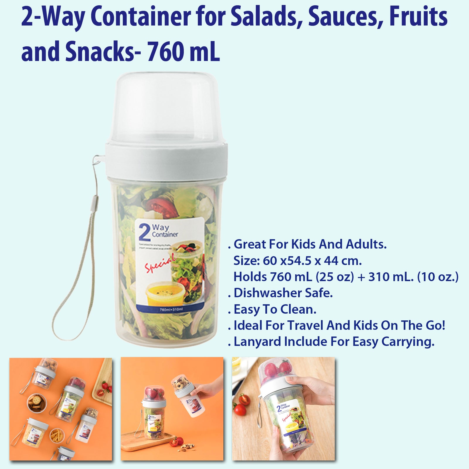 2-Way Container Salads Sauces Fruits Snacks Food Fresh 760 mL