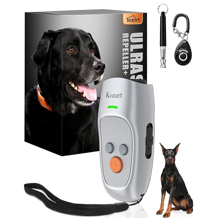 Kozart Dog Barking Deterrent Devices Dog Barking Control Devices Rechargeable Anti Barking Device 3 Frequency Ultrasonic Range of 16.4 Ft with LED Light, Dog Whistle and Dog Clicker