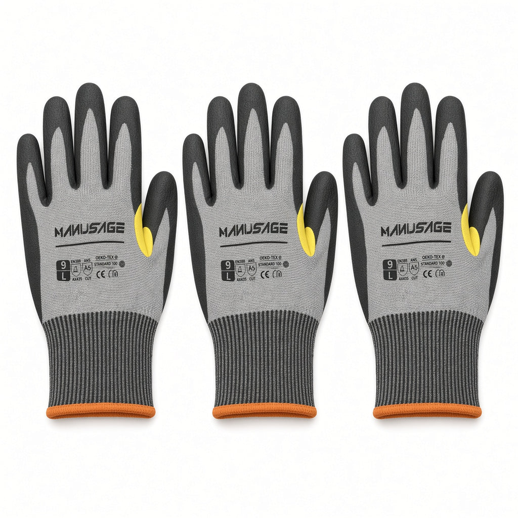 Manusage A5 Cut Resistant Gloves 3 Pair HPPE Nitrile Grip - Unisex