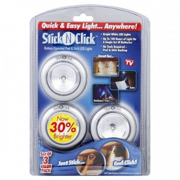 Round Stick 'N' Click - Peel and Stick LED Lights - Set of 3 - Silver -MO