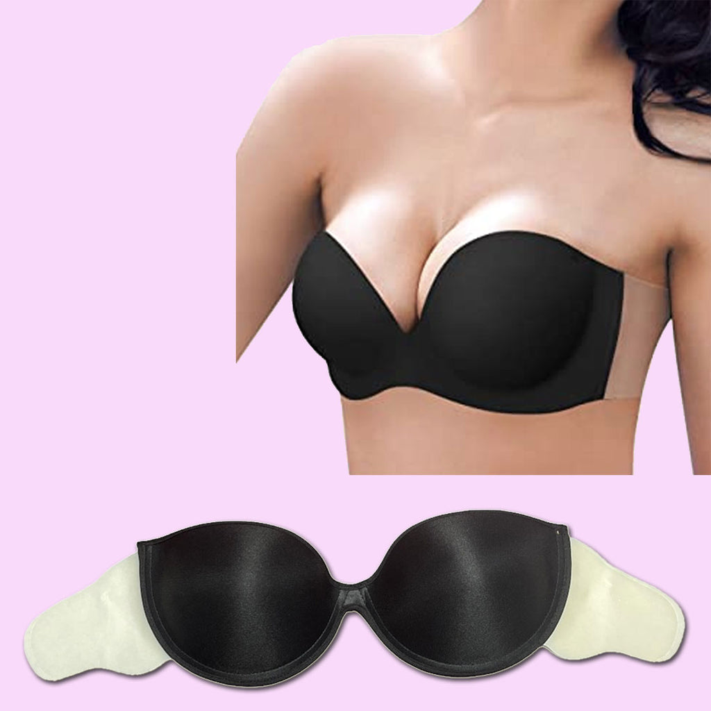Backless, Strapless Invisible Bra With Adhesive Wings - Size D- Black