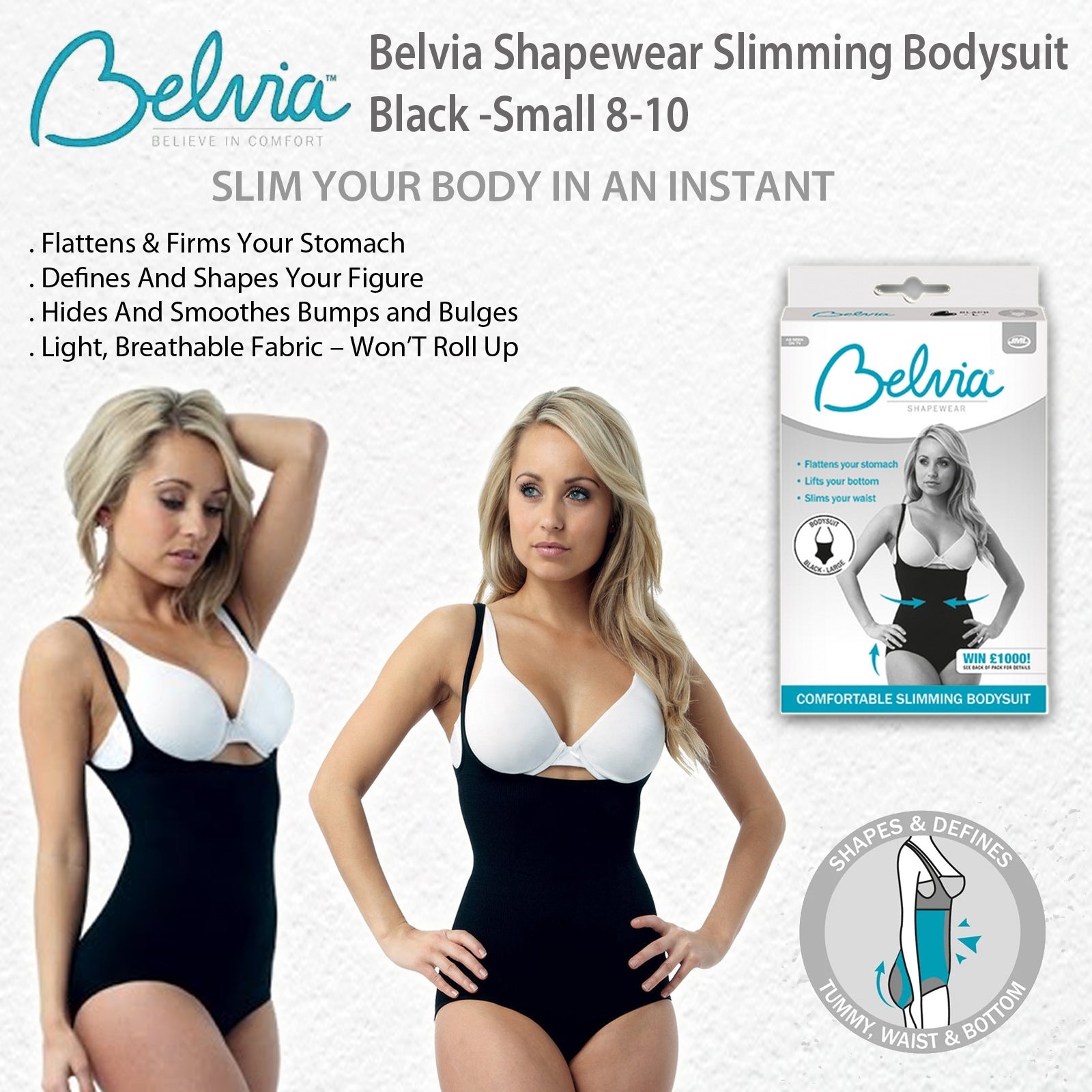 Belvia Shapewear Slimming Bodysuit Shaper (Black) Small