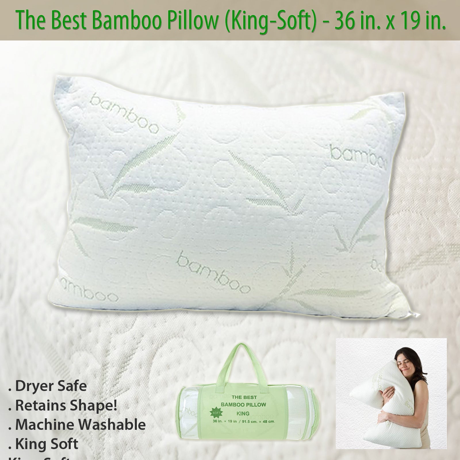 Bamboo Memory Foam Pillow, Best Pillow for Sleeping with Washable Covers - King