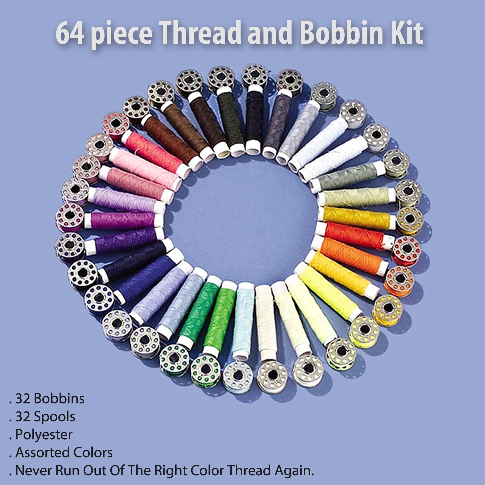 64 Piece Thread And Bobbin Kit 32 Bobbins 32 Spindles
