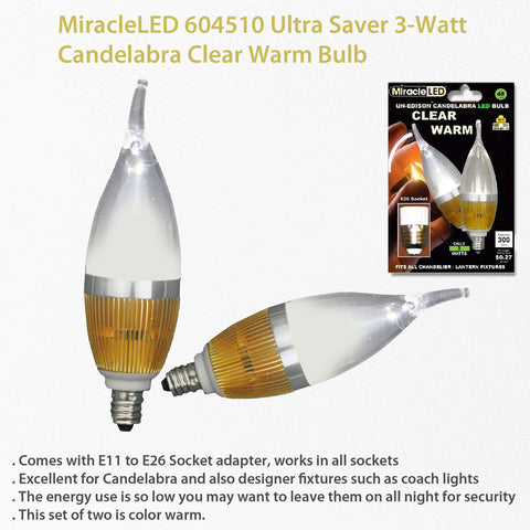 MiracleLED 604510 Ultra Saver 3-Watt Candelabra Clear Warm Bulb