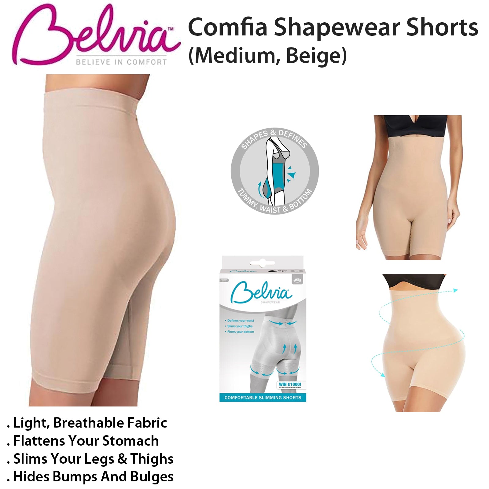 Comfia Shapewear Shorts High Waist Body Shaper (Medium, Beige)