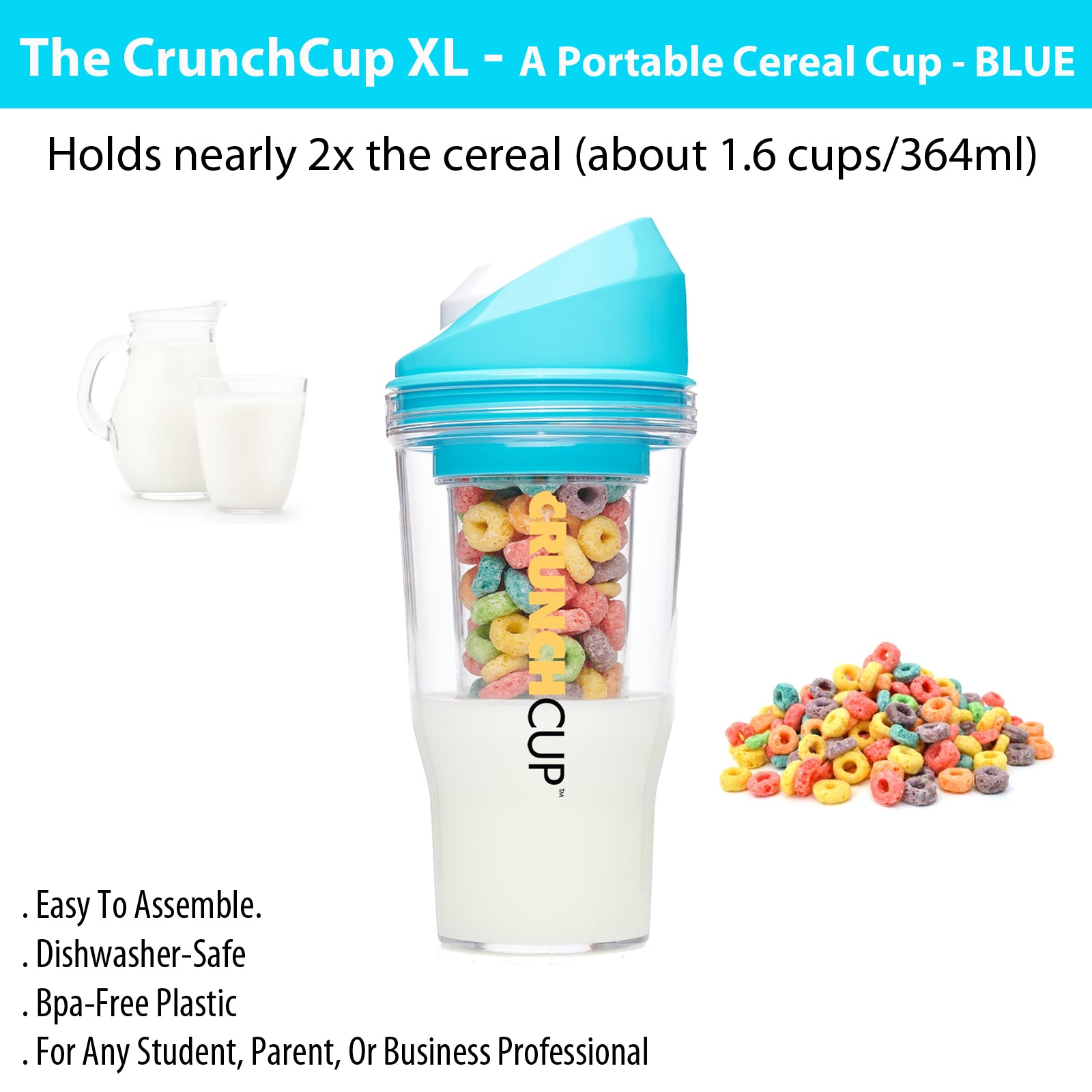 CrunchCup XL Portable Cereal & Milk Cup for Cereal on the Go - BLUE - Brand  New