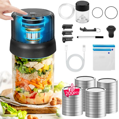 PeacePeo Electric Mason Jar Vacuum Sealer Cordless Jar Vacuum Sealer Kit with 200 Pcs Wide-Mouth Lids Automatic Vacuum Sealer for Canning Jars Portable Vacuum Sealer for Jars Food Storage and Save