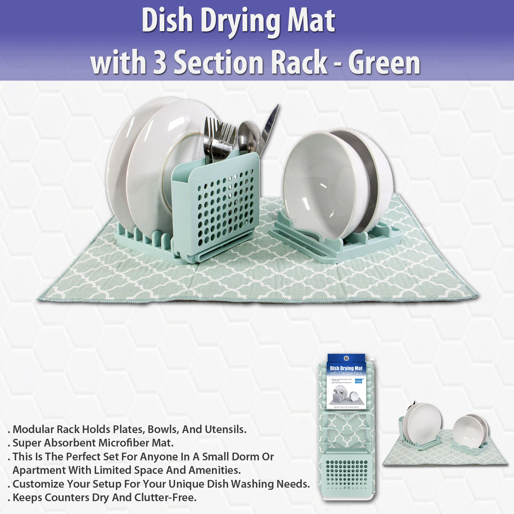 Dish Drying Mat with 3 Section Rack - Green