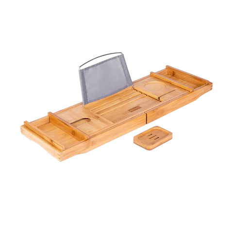Expandable Bamboo Bath Tray  | Premium Bamboo Bathtub Tray for Tub | Fits All Bath Accessories Wine Glass, Books, Tablets, Cellphones, Shampoo, Soap |