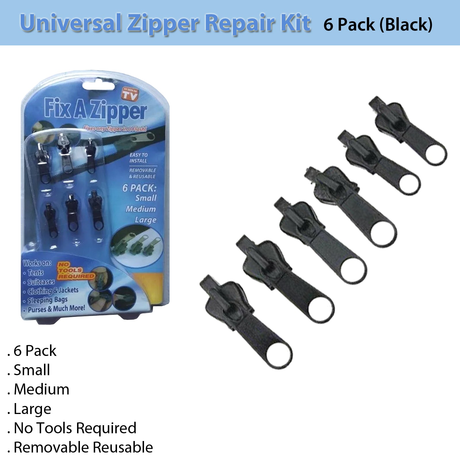Universal Zipper Repair Fix Broken Replacement Kit- Black- 6 Pack