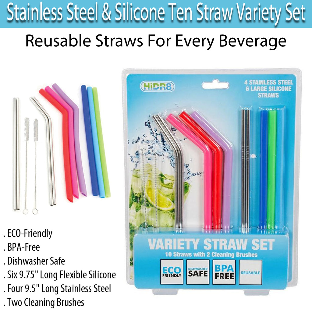 Stainless Steel & Silicone Ten Straw Variety Set