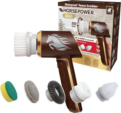Ruby Horsepower Scrubber Gold - 350 RPM, Cordless Rechargeable Waterproof Handheld Scrubber with 5 Brush Heads for Tile, Grout, Bathroom, Kitchen, Auto, and Furniture