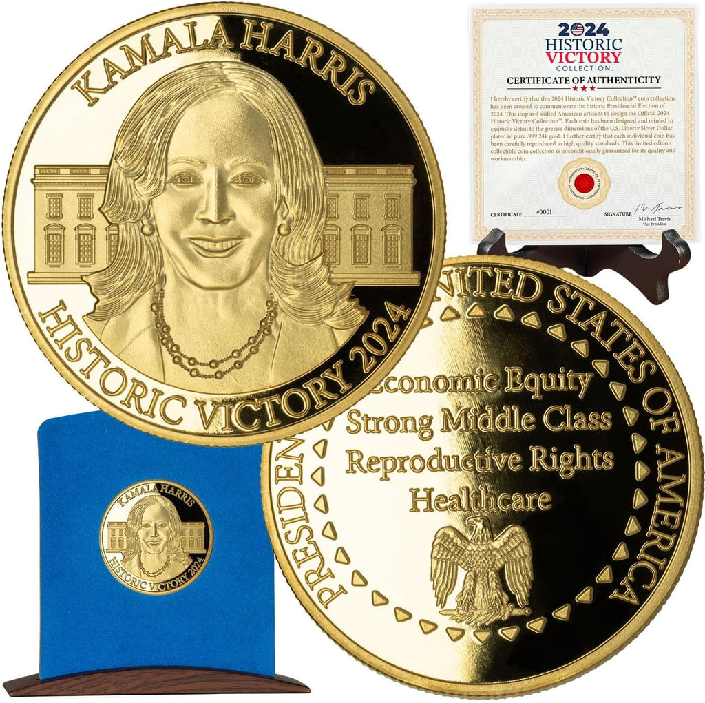 Kamala Harris 2024 Commemorative Coin – Gold-Layered Collectible with Display Case and Certificate