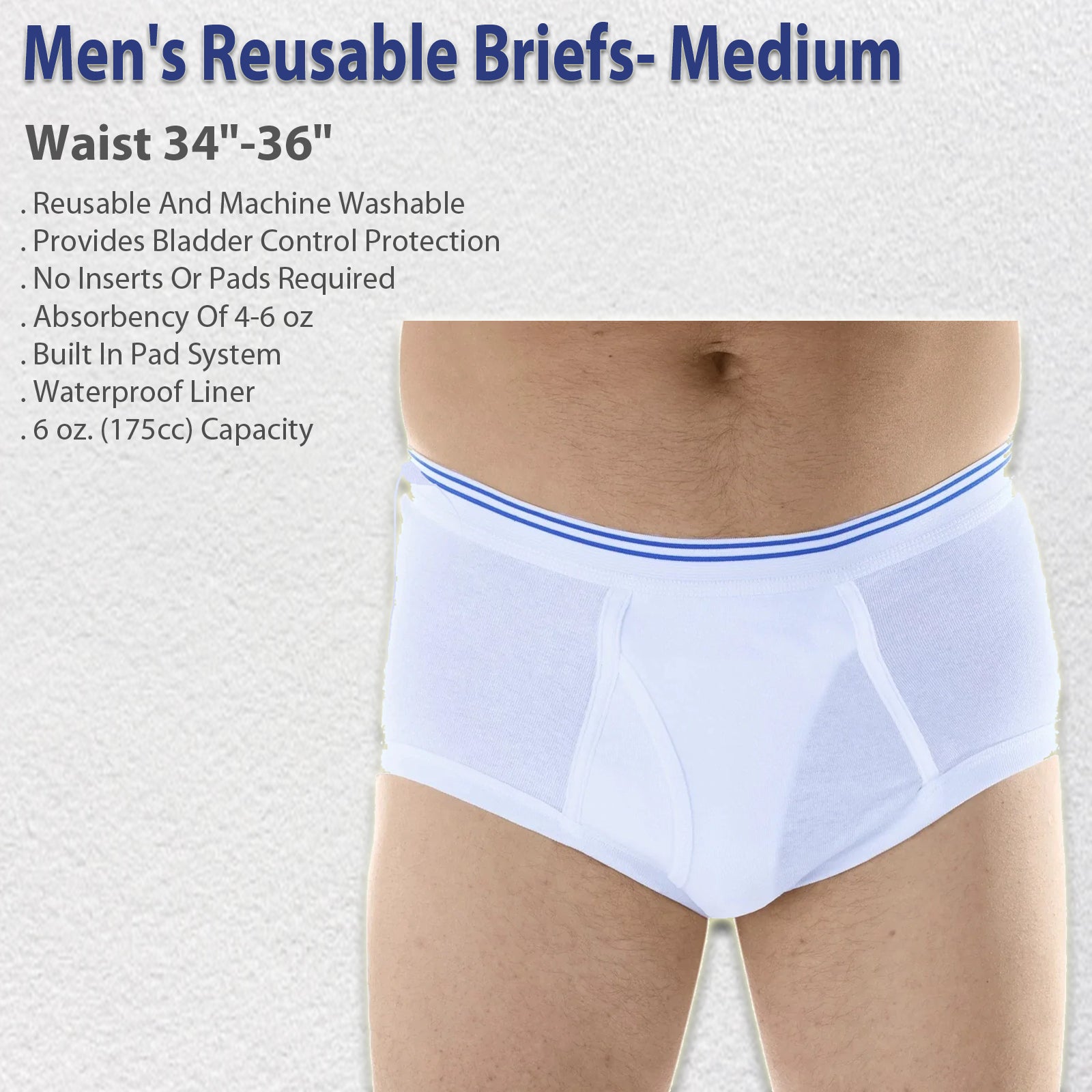 Men's Reusable Briefs Full-Cut Underwear- Medium Waist 34-36