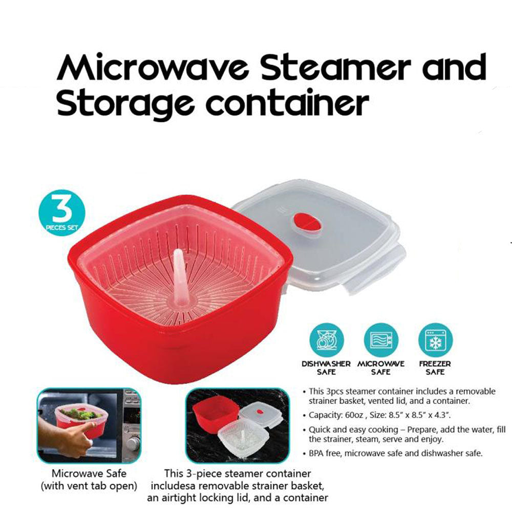 Microwave Steamer and Storage Container - Round- 3 Piece Set