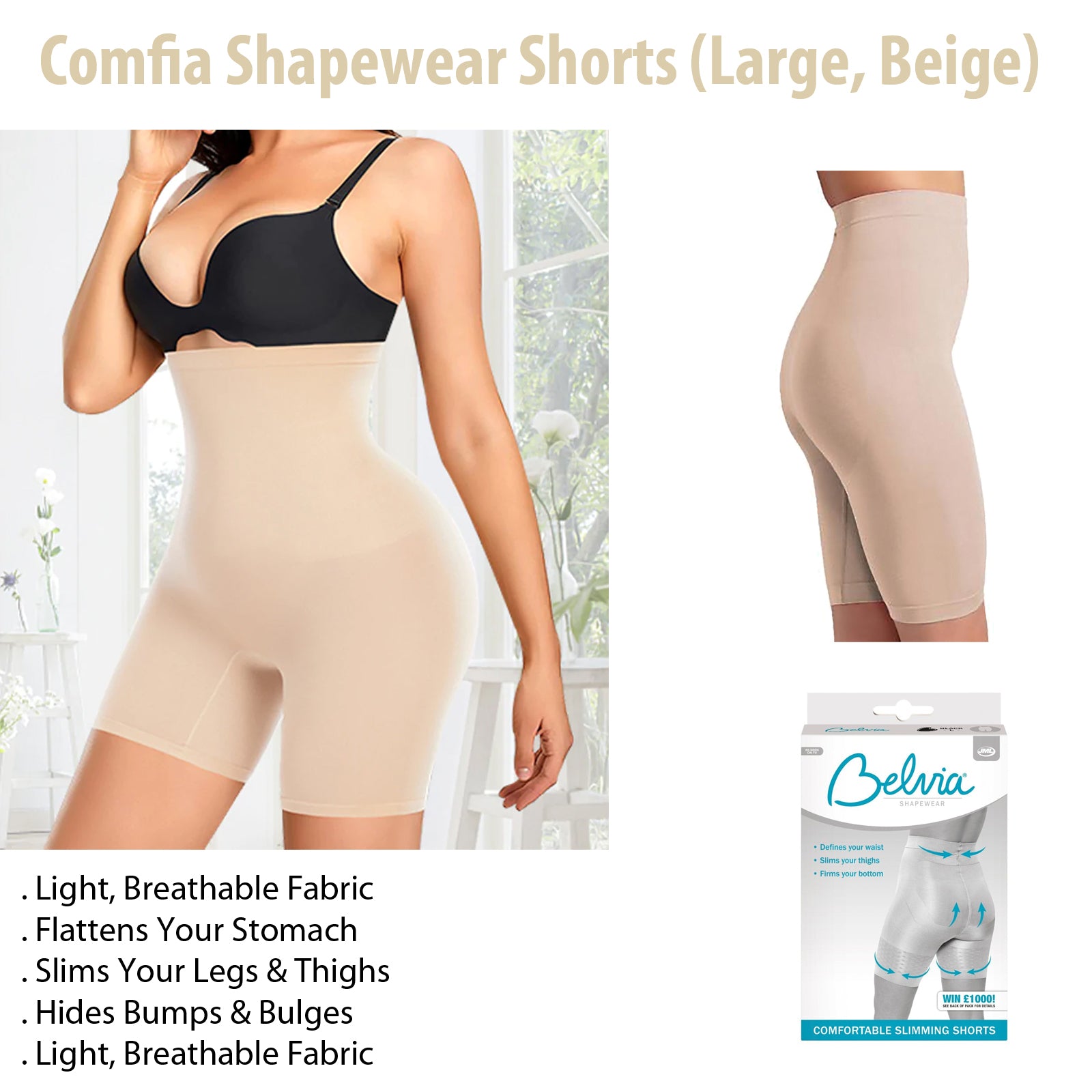 Comfia Shapewear Shorts High Waist Body Shaper (Large, Beige)