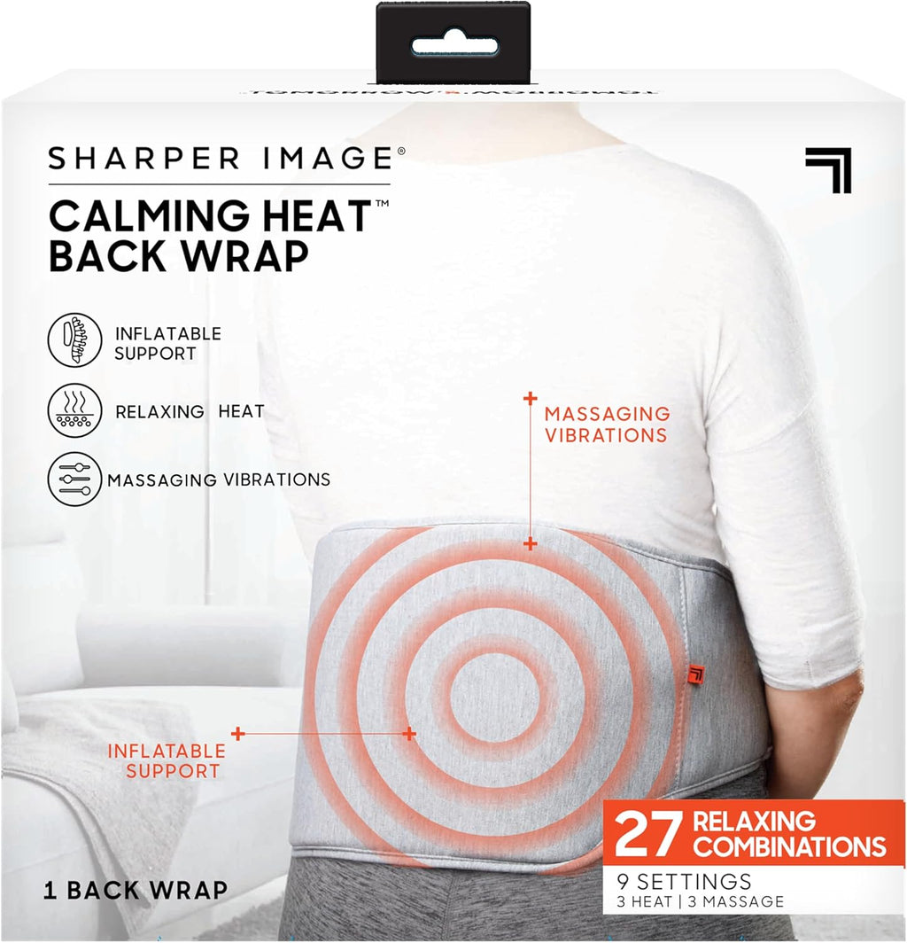 Sharper Image Calming Heat Back Wrap - Heated Lumbar Support Belt with Inflatable Compression, 3 Heat Settings, 3 Vibration Massage Modes, 27 Combinations for Back Pain Relief
