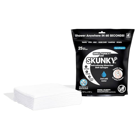 Skunky Disposable Rinse-Free Bathing Sponge Wipes – AS SEEN ON TV, Cleans Without a Shower, Just Add Water, Lather, Scrub & Dry, No Sticky Residue, Perfect for Gym, Elder Care, Kids & More