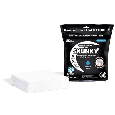 Skunky Disposable Rinse-Free Bathing Sponge Wipes – AS SEEN ON TV, Cleans Without a Shower, Just Add Water, Lather, Scrub & Dry, No Sticky Residue, Perfect for Gym, Elder Care, Kids & More