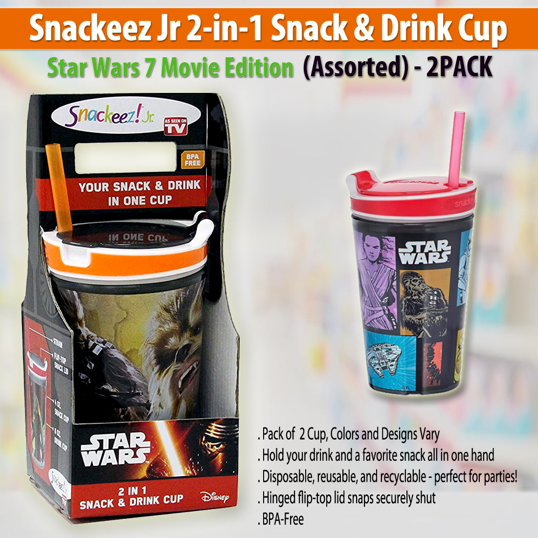 Set 2 Snackeez 2 in1 Drink Snack Cup Reusable Tumblers Kids cup 