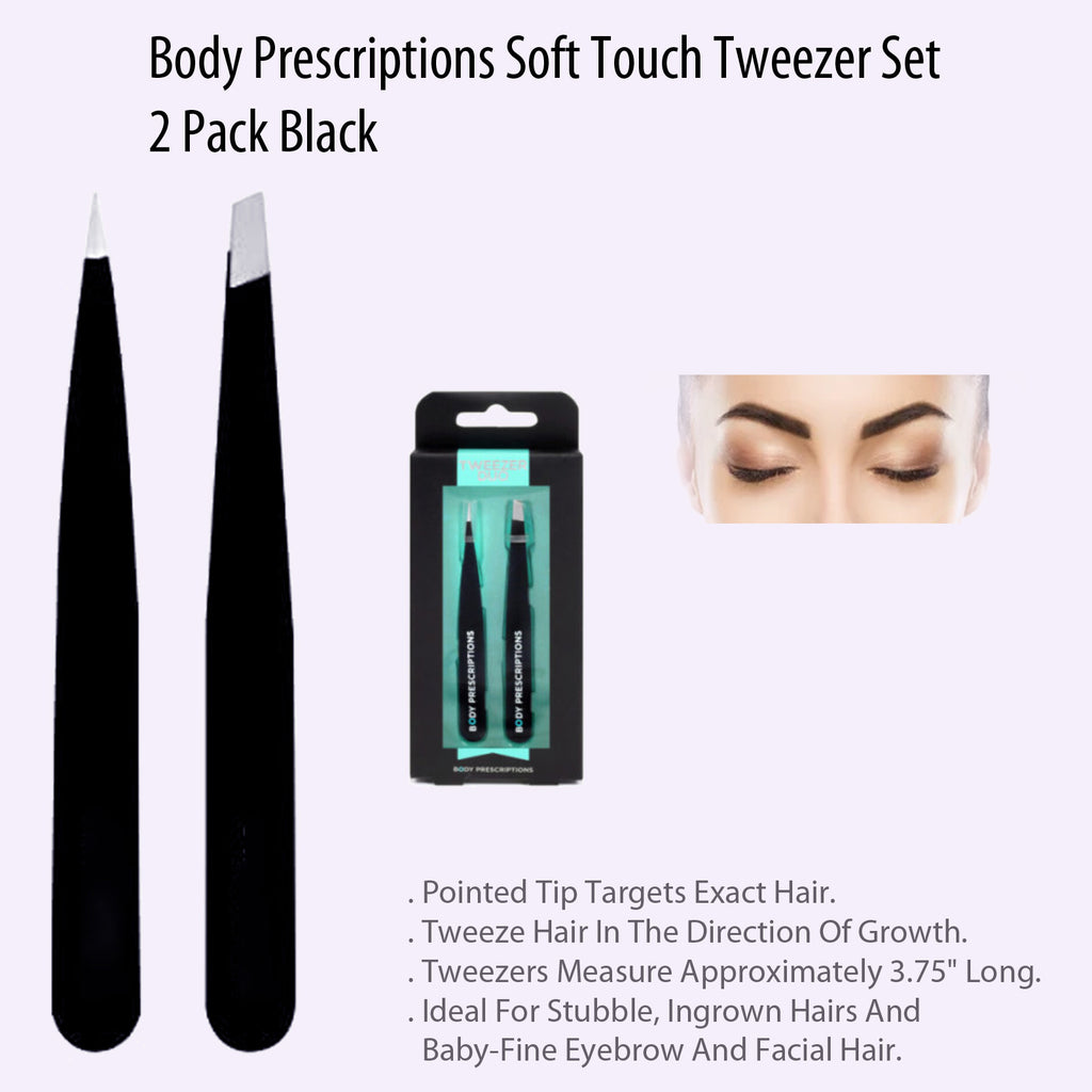 Body Prescriptions 2 Pack Black Soft Touch Tweezer Set in Black and Teal Box