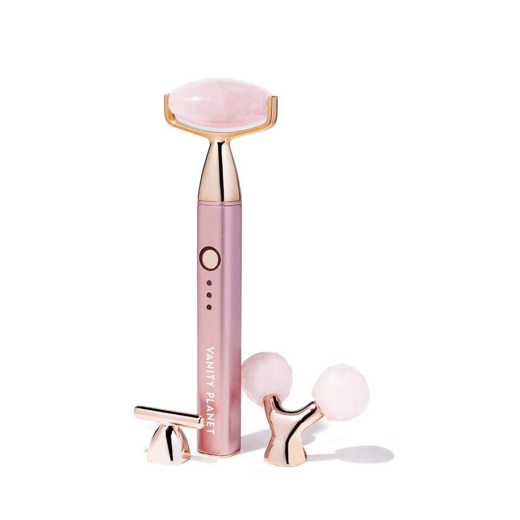 Vanity Planet 3-in-1 Sonic Rose Quartz Beauty Roller - Pink Facial Massager, Vibrating Interchangeable Heads, Depuff Firm Contour, Rechargeable Skincare Tool VNT27024