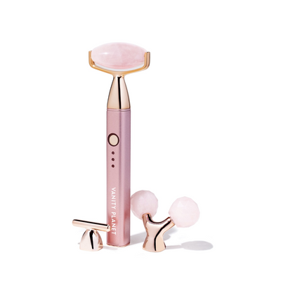 Vanity Planet 3-in-1 Sonic Rose Quartz Beauty Roller - Pink Facial Massager, Vibrating Interchangeable Heads, Depuff Firm Contour, Rechargeable Skincare Tool VNT27024