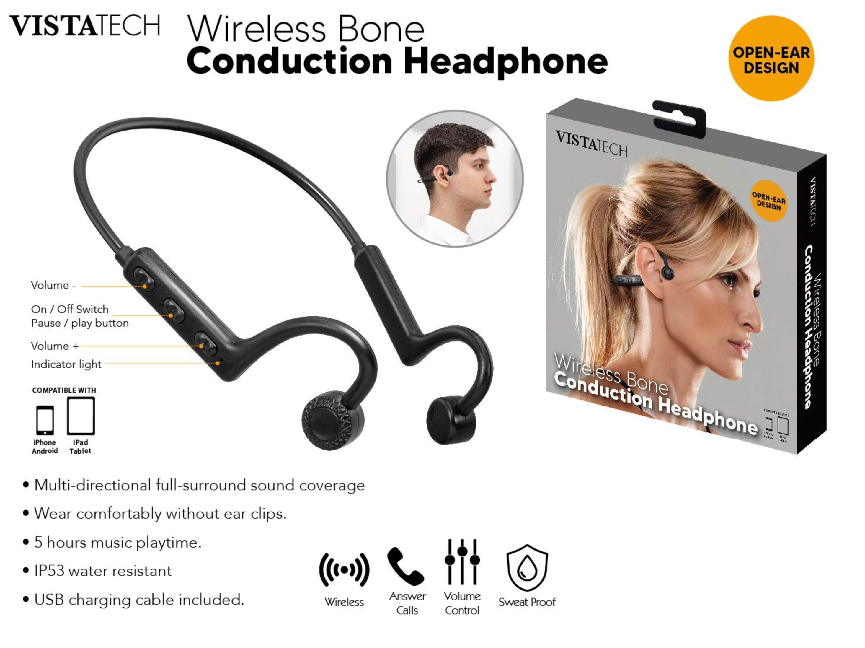 VistaTech Wireless Bone Conduction Headphones - Open Ear