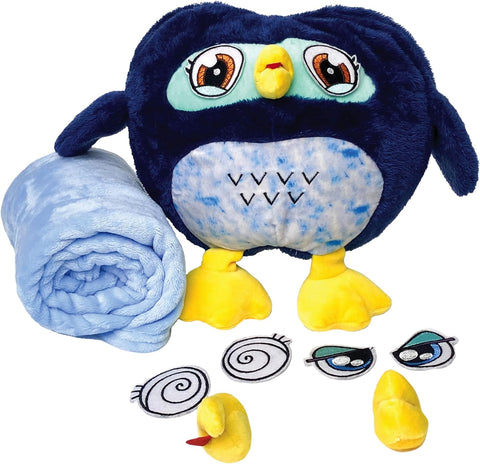 Wowls Plush Animal Pillow with Blanket, Interchangeable Eyes and Mouth, Social Emotional Learning Toy for Boys and Girls, Soft Cuddly Pillow and Blanket Stuffed Animal, BLUE
