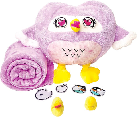 Wowls Plush Animal Pillow with Blanket, Interchangeable Eyes and Mouth, Social Emotional Learning Toy for Boys and Girls, Soft Cuddly Pillow and Blanket Stuffed Animal, PURPLE