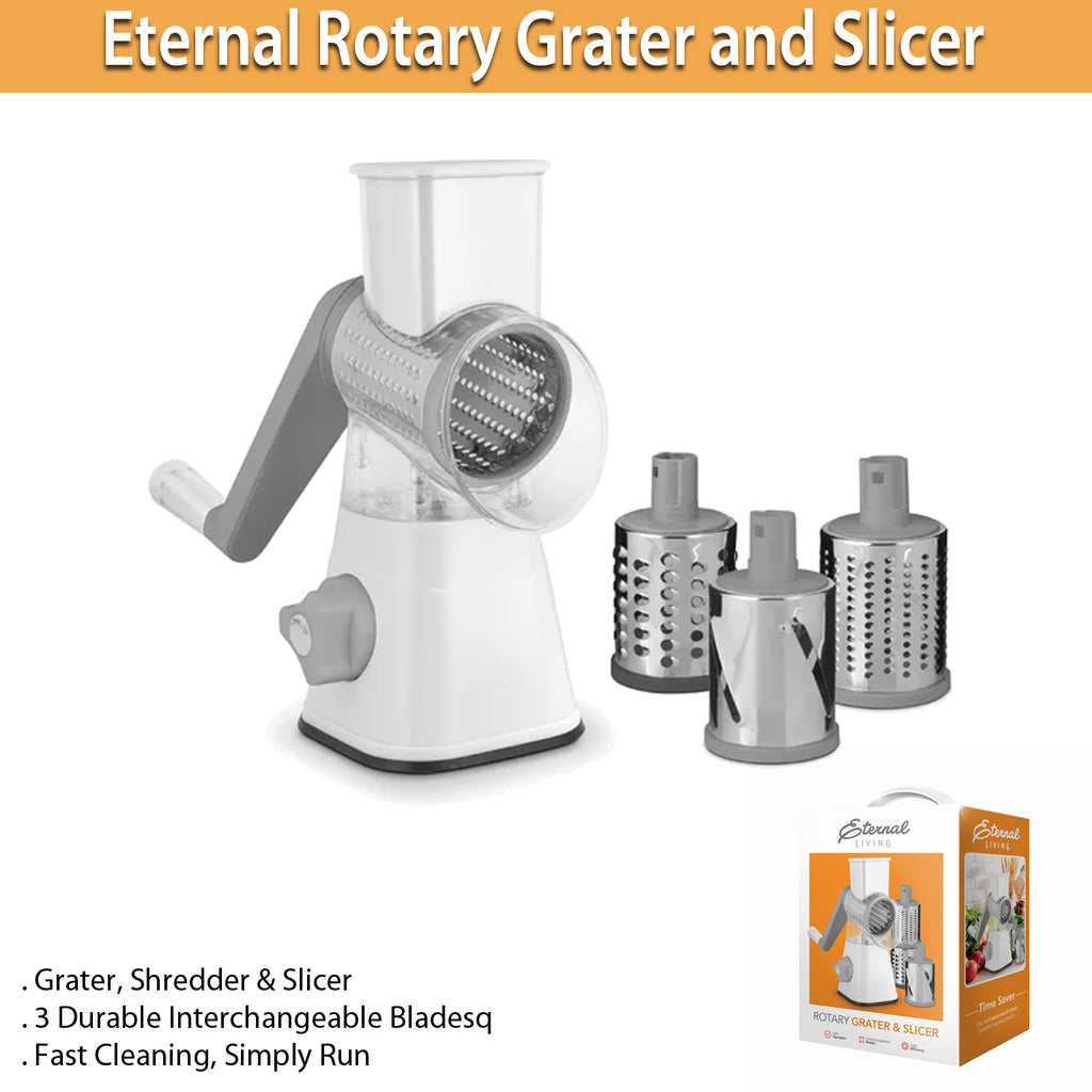 Manual Rotary Cheese Grater, Shredder & Vegetable Slicer with 3 Blades, White