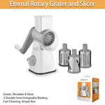 Manual Rotary Cheese Grater, Shredder & Vegetable Slicer with 3 Blades, White